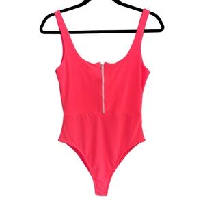 Lux LA Vibrant 90s Style Paper Tag Neon Pink Zip-Front Bodysuit NWOT
